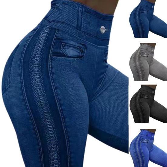 Decorative Pockets Skinny Imitation Jeans Leggings Hip Lifting Zipper Print High Waist Elastic Pants for Sports