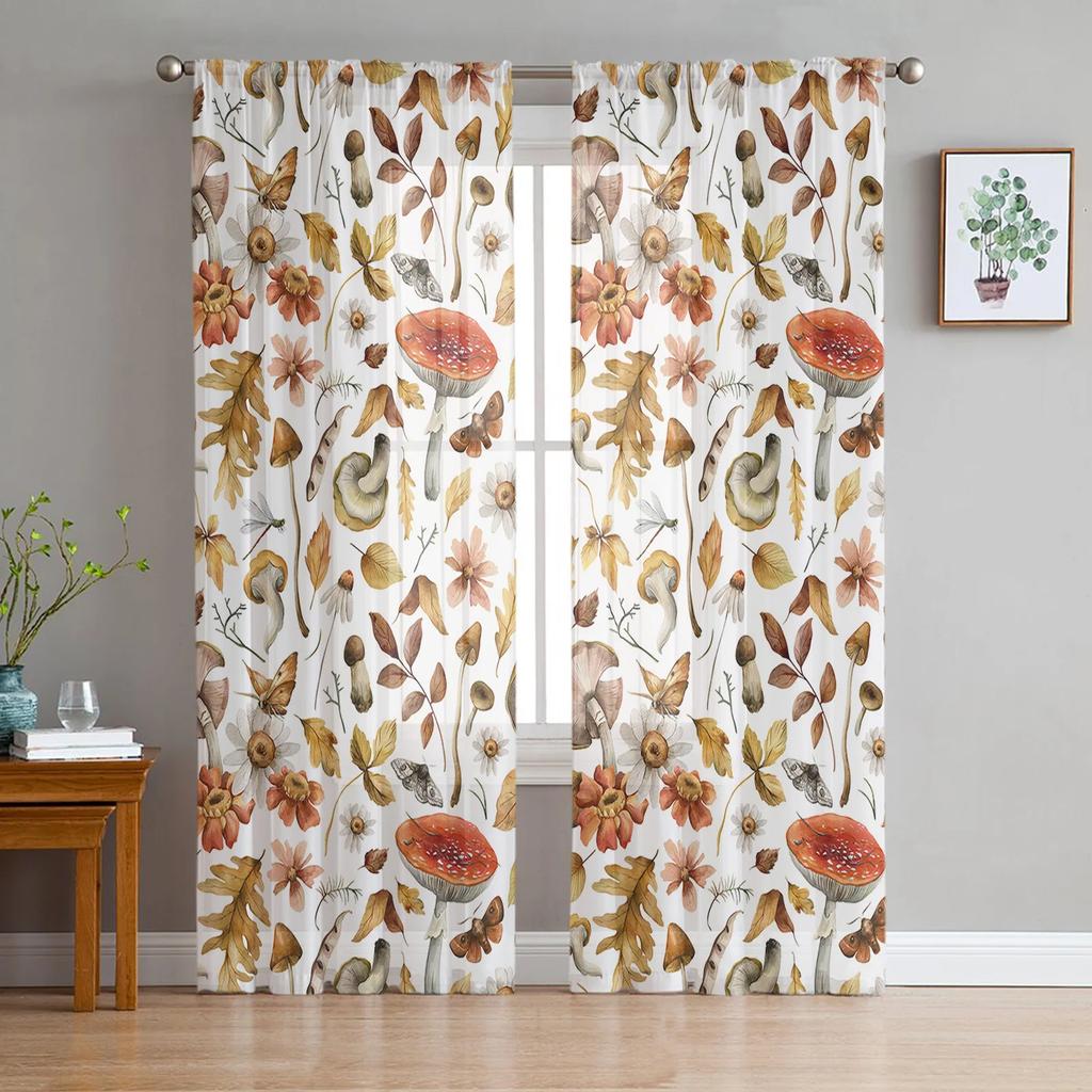 Mushroom Plant Vintage Sheer Drapes for Bedroom Living Room Decoration Window Curtain for Kitchen Curtain Panels