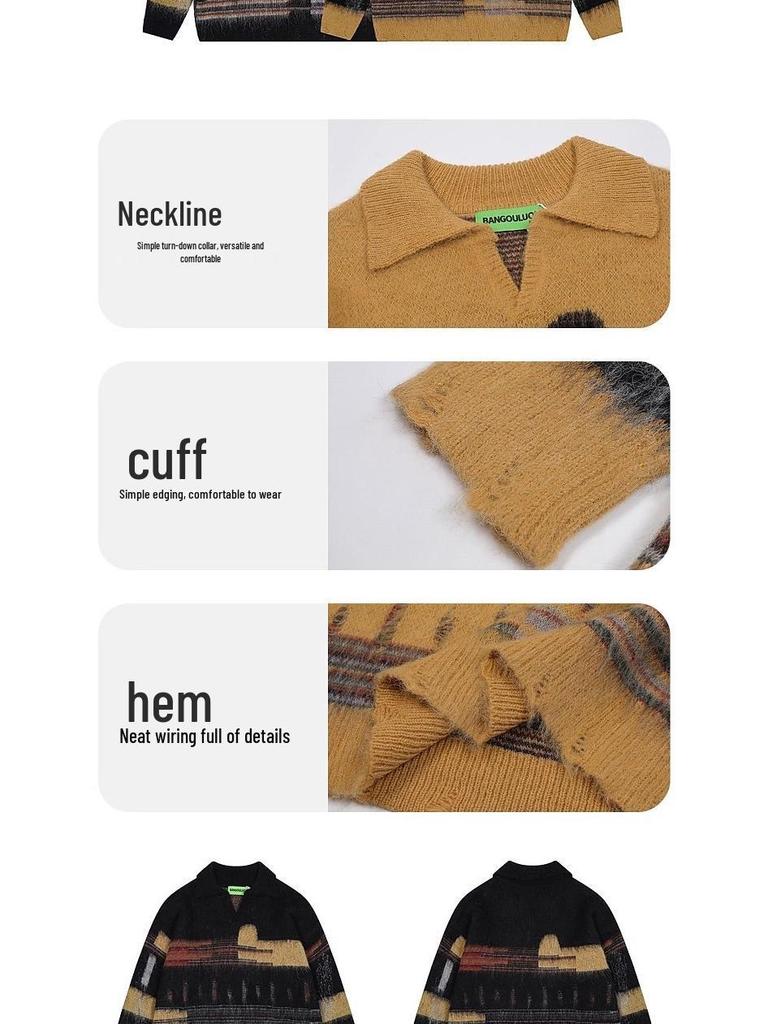 Unisex Retro Color Block Strickpullover: Herbstlich Chic, Lockere Passform, Lässiger Pullover mit Umlegekragen.