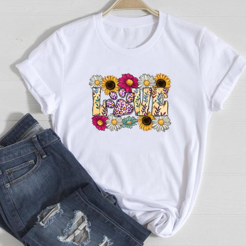 (European Size)Dog Cat Tee Top Fashion T Shirt Casual Paw Watercolor Floral Funny Women Clothing Print Lady Female Short Sleeve Graphic T-shirt
