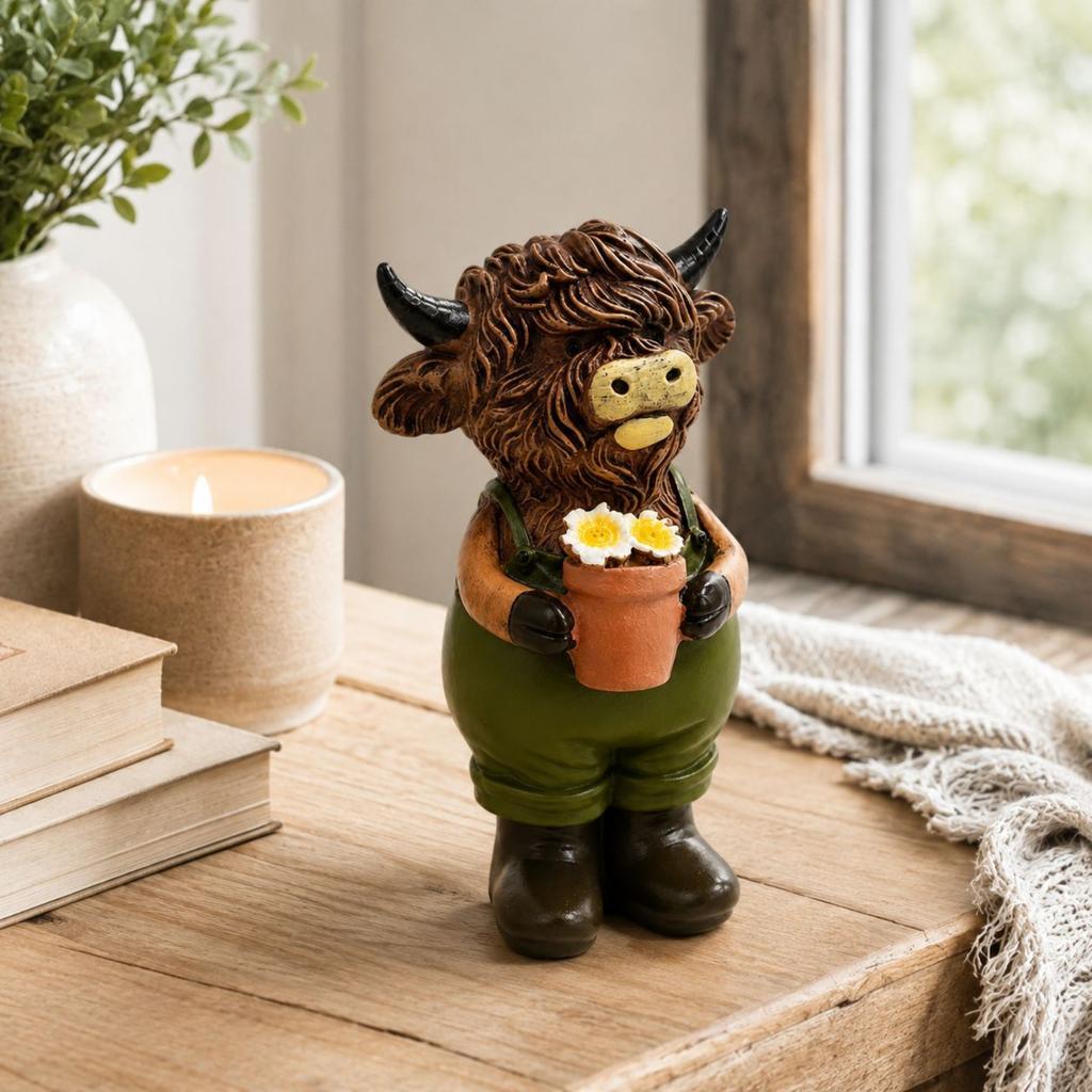Cow Resin Figurine Holding Flower Pot with, Cute Animal Statue for Home Shelf Decor