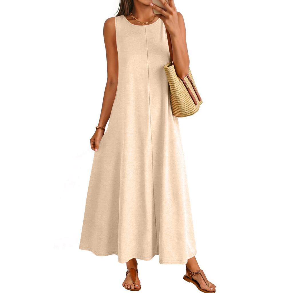 Women's Casual Loose Fit Sleeveless Maxi Dress Round Neck Stretchy Basic Beach Vacation Dress