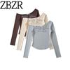 Za New Fall Women's Clothing 2025 Preppy Style Letter Print Diagonal Collar off-Shoulder Tight Long Sleeves T-shirt Tops