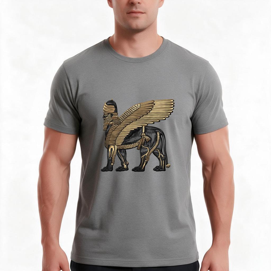 Assyrischer Geflügelter Löwe Gold Und Schwarz Lamassu Auf Weißem Leder T-Shirt Sommer Lässig Baumwoll-T-Shirt Übergröße Streetwear Oberteile