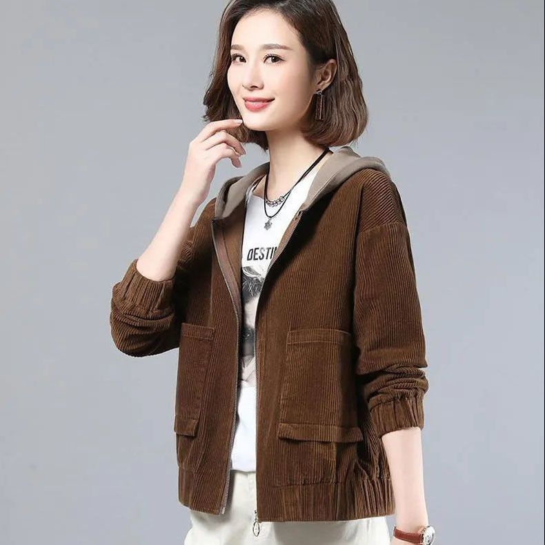 Women's Corduroy Short Versatile Hooded Loose Jacket Plus Size Korean Style Outerwear for Spring and Autumn