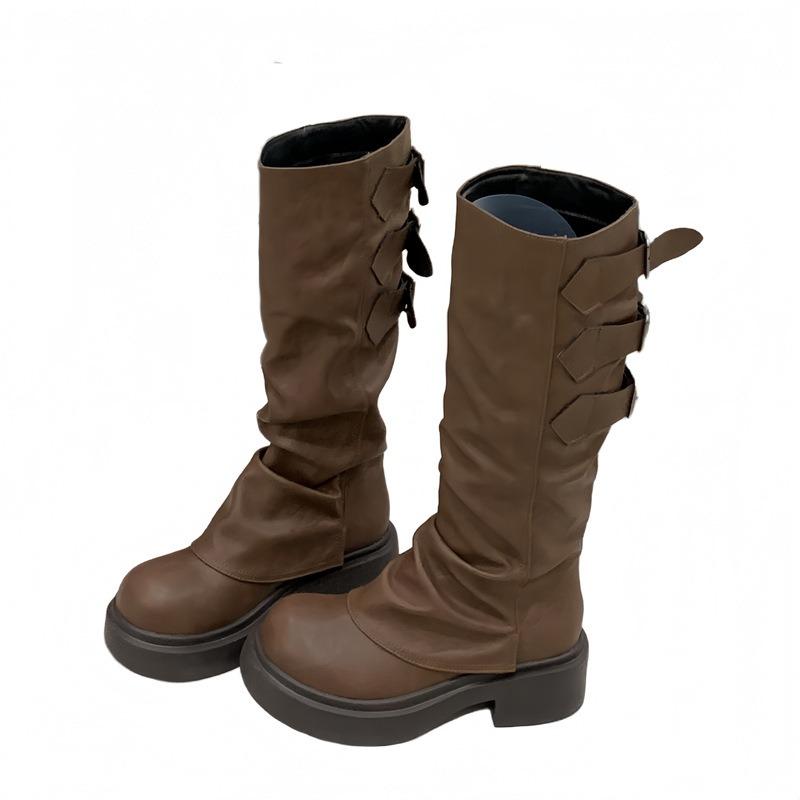 Belt buckle thick heel high boots women's winter new boots thick-soled wasteland women's boots medium heel round head boots