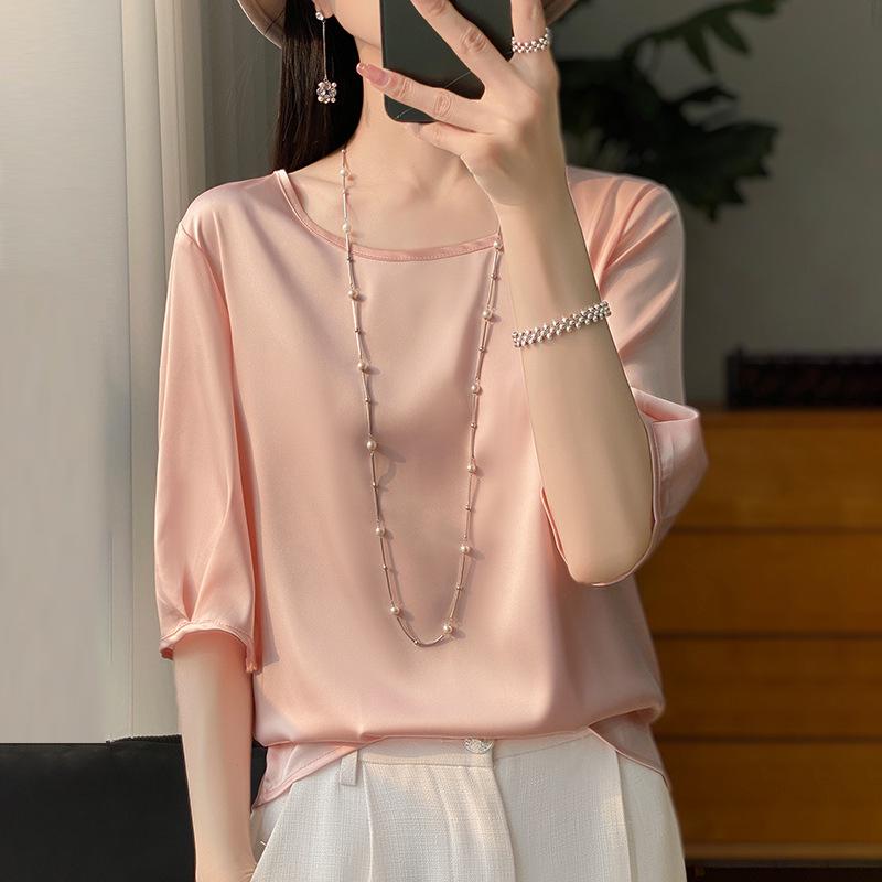 Satin Round Neck Half-Sleeve Loose T-Shirt for Women