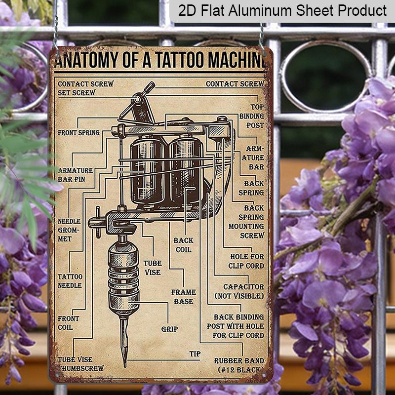2D Flat Vintage Tattoo Machine Diagram Metal Sign - 7.87X11.8inch Aluminum Wall Art for Home, Bar, Cafe, Garden Decor - Ideal for Holiday Parties