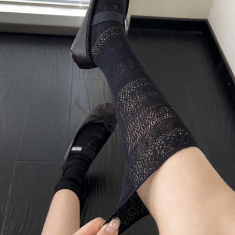 1 Pairs Women Lace Trimmed Knee High Socks Summer Hollow Out Design Lightweight Breathable Soft Comfortable Casual Socks