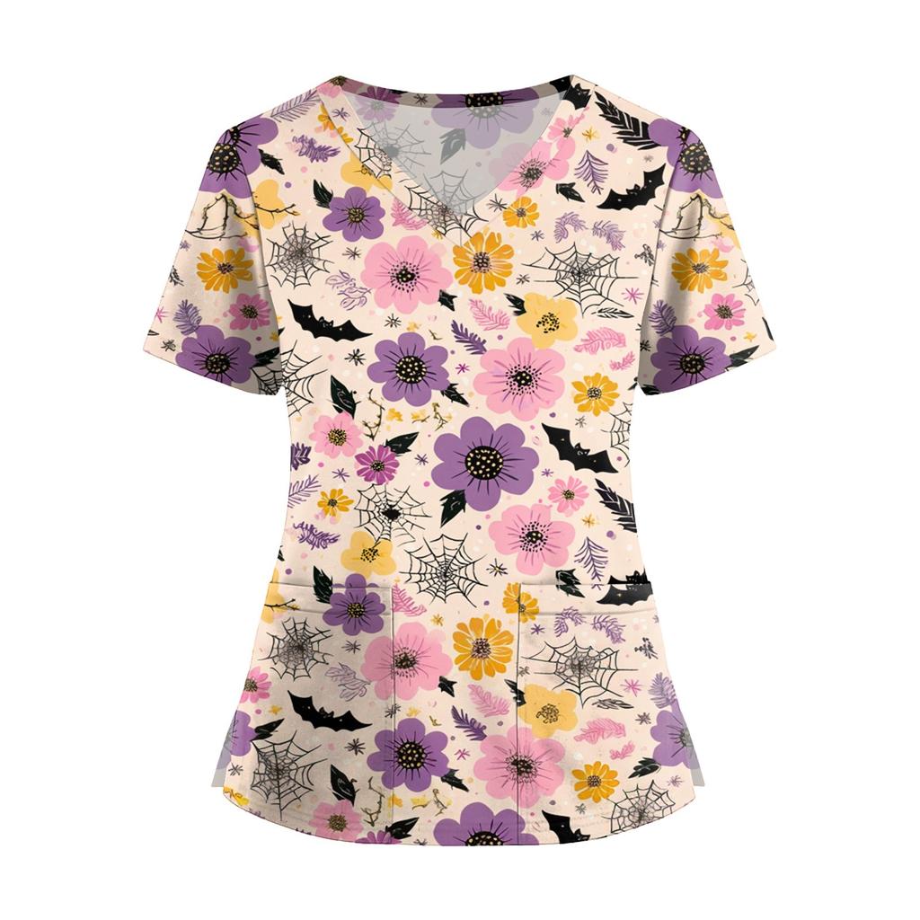 Dámská móda Overal s krátkým rukávem a výstřihem do V s kapsami Potisk Topů Oblečení