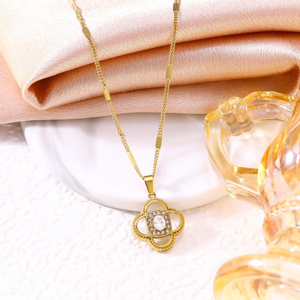 French Luxury Four-Leaf Clover Diamond Necklace & Earrings Set for Women