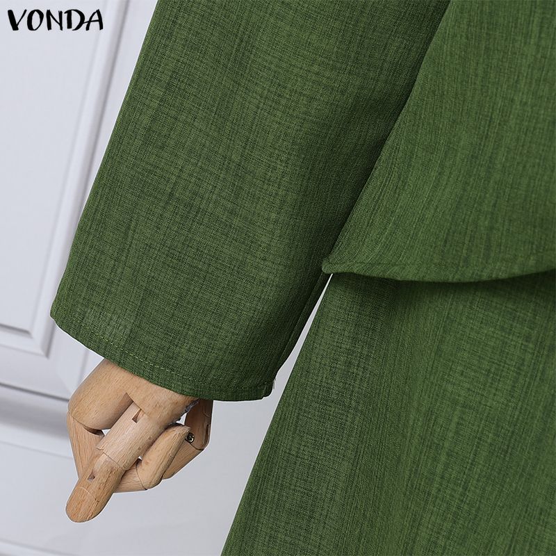 VONDA Women O Neck Long Sleeve Casual Loose Pleated Layers Maxi Rufffled Dress Robes