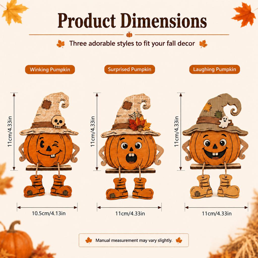 2D Flat 3Pcs Cute Halloween Wooden Pumpkin Sign Desk Tabletop Ornament Spooky Ghost Desktop Decor Festival Party Pack
