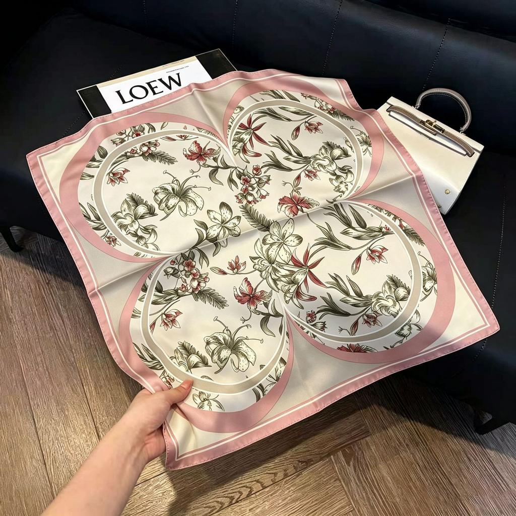 71Cm New Chinese Simulation Silk Square Scarf Soft and Skin-friendly Ink Flower Rhyme Printing Silk Scarf Neck Sunscreen Small Scarf