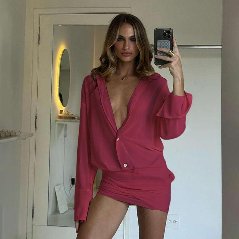 Patchwork Einreihig Langärmlig Revers Slim-fit Tasche Hüftband Hemdkleid