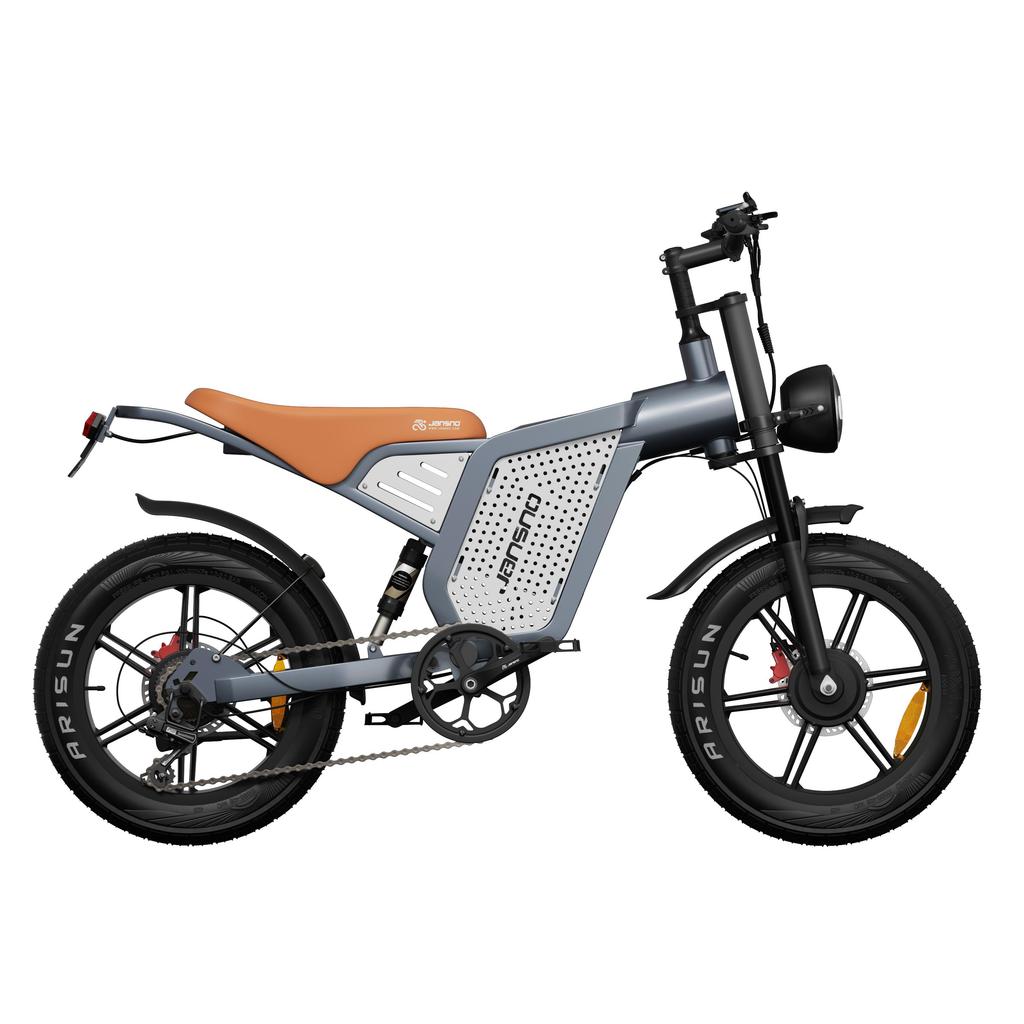 JANSNO X60 Electric Bicycle: 750W motor, 48V 23AH battery, 20-inch wide tires, full suspension, disc brakes, range 60-80 km. Gray.