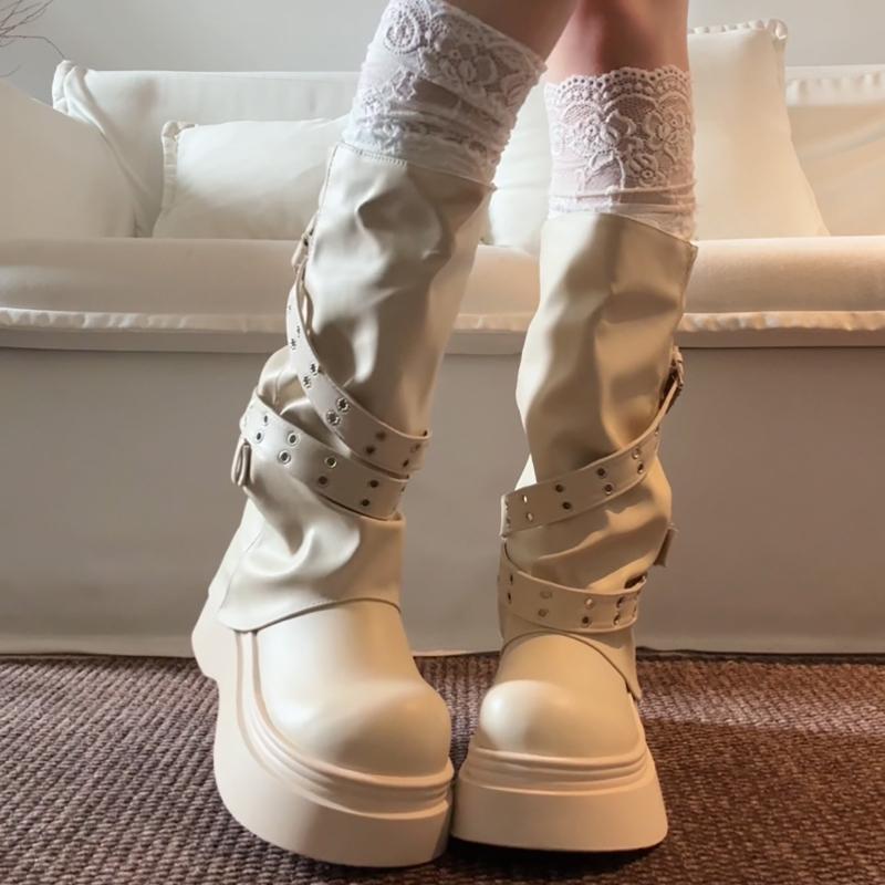 Hottie Platform Thick Heel Women Knight Boots Fashion Belt Buckle Shoes Female Punk Rivet Mid Calf Booties De Muje