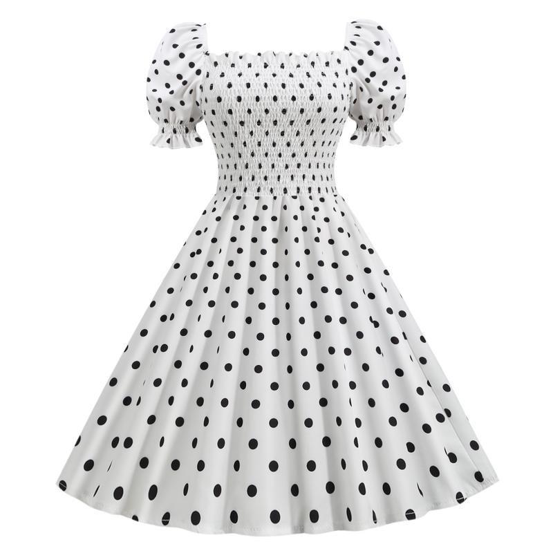 

off-Shoulder Retro Dots Elastic Waist Short Sleeve Dress White S