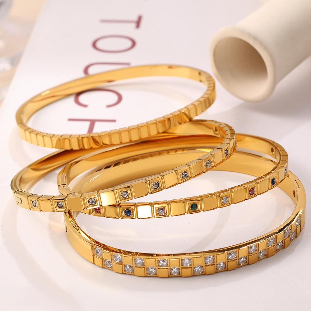 ins wind titanium steel thin square lattice stripe round diamond color gold-plated bracelet wholesale bracelet