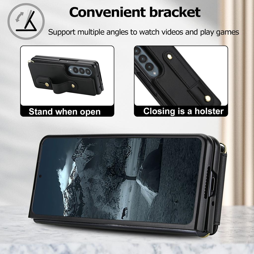 For Samsung Galaxy Z Fold4 5G Case Kickstand Card Slots Leather Coated TPU Cover with Shoulder Strap