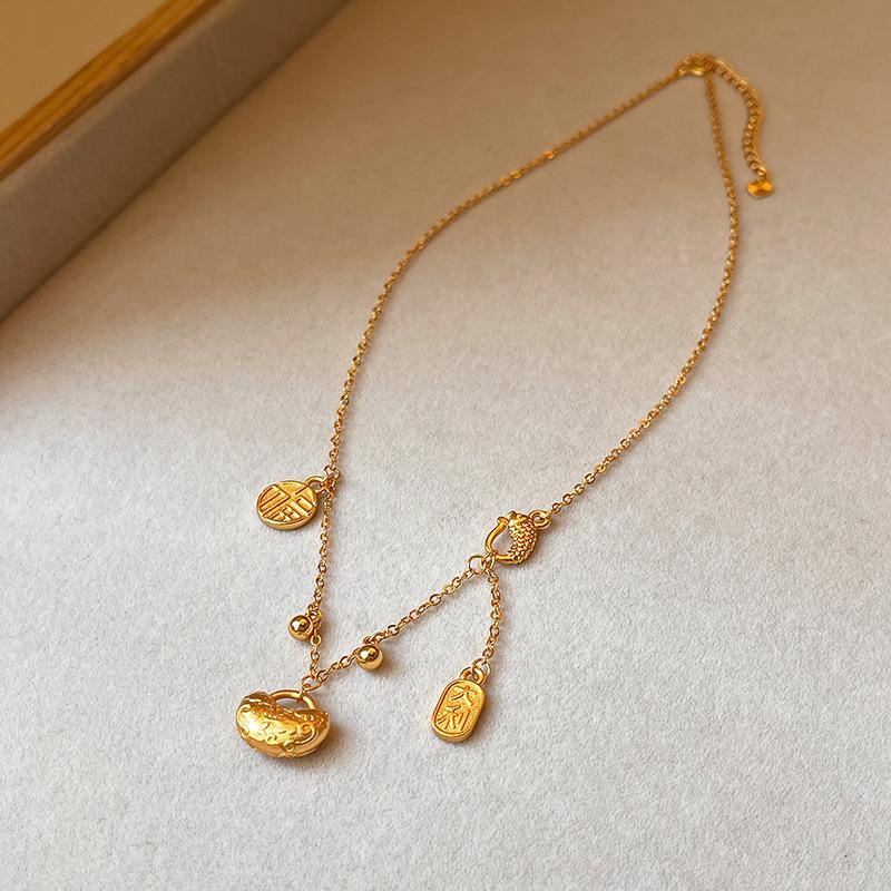 Electroplated carp blessing character safety lock necklace new Chinese niche collarbone chain retro temperament necklace women