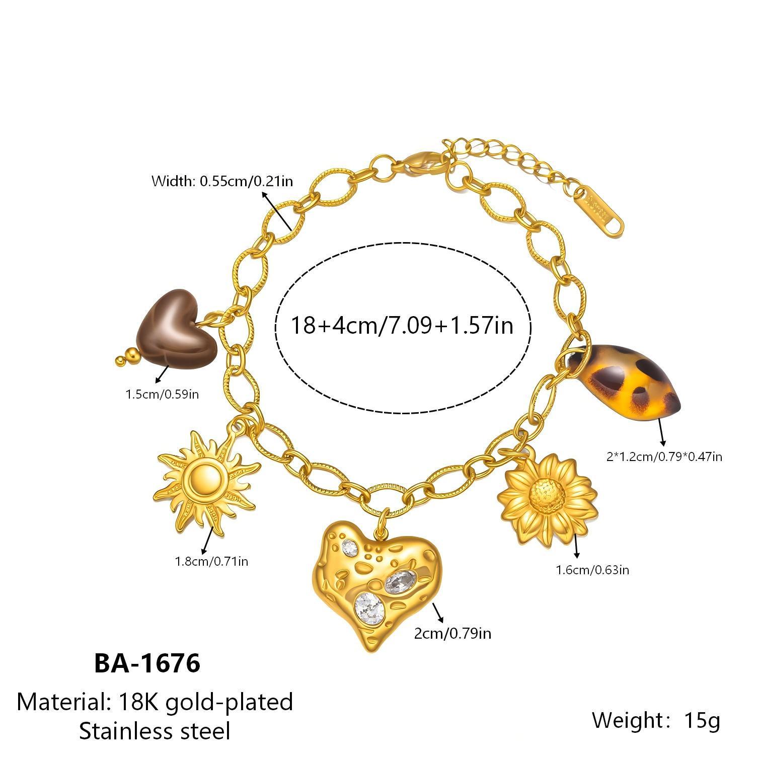 Retro Bohemian 18K Gold Sunflower Heart Pendant Bracelet 18K золотой