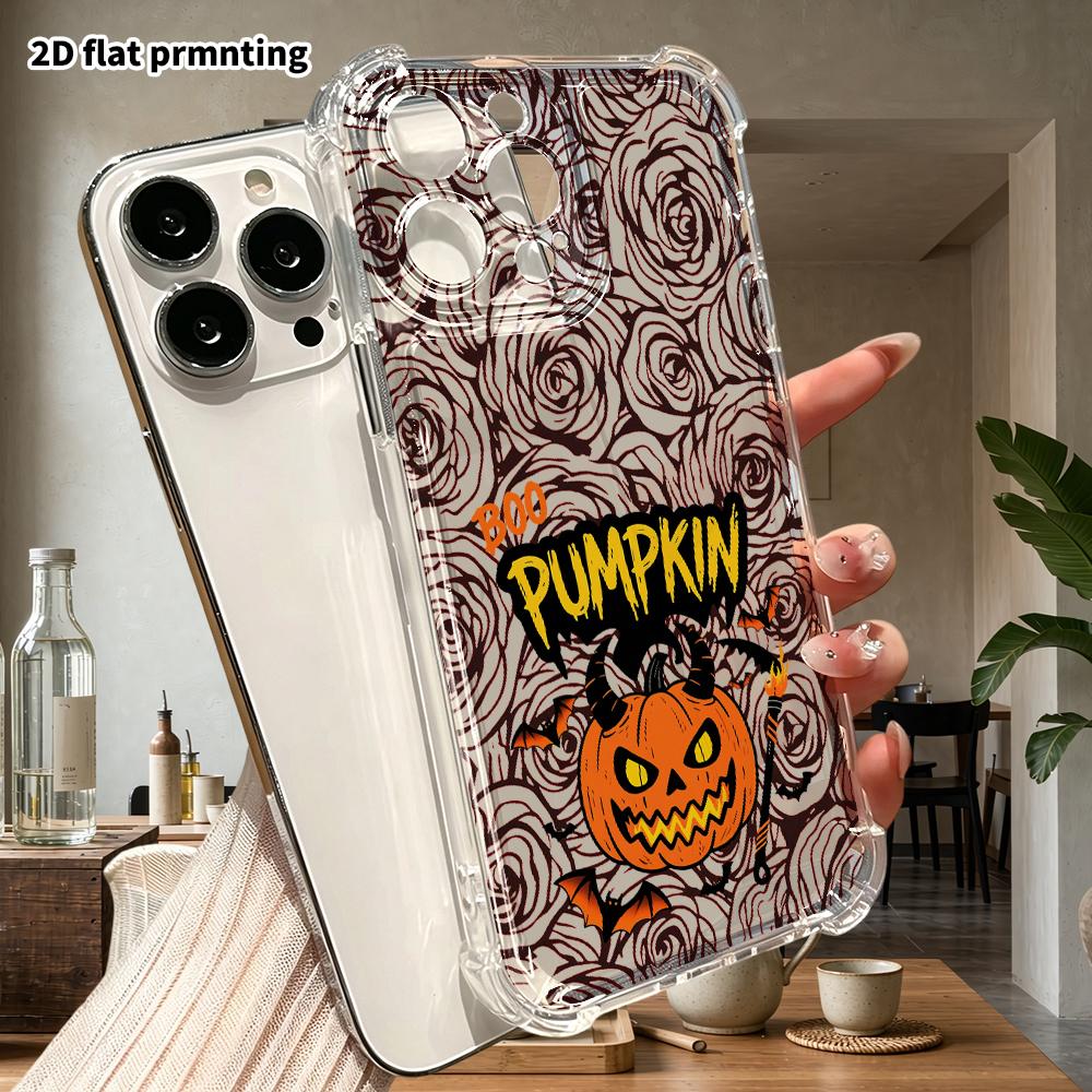 Phone case: 2D flat suitable for iPhone 18 17 16 15 14 13 Pro, transparent four corner protective case, pumpkin head, Christmas and Halloween gift