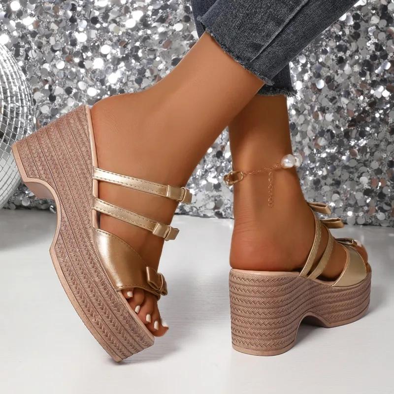 2025 Summer Plus Size Women's Round Toe Platform Wedges Sandals Outdoor Casual Butterfly-knot Slippers for Daily Weave Slippers