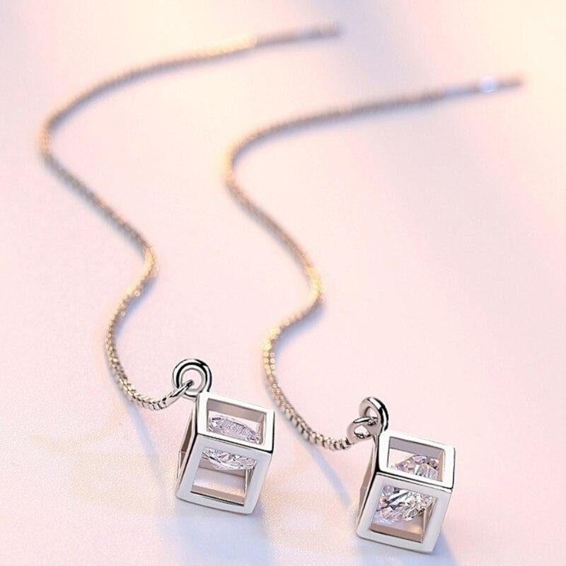 Sleek Minimalist Fashionable For Women Stylish Long Chain Tassel Earrings Korean Style Aaa Cube Pendant Drop Earrings JewelrySimple Chain