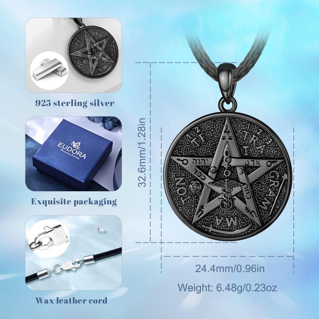 Eudora 925 Silver Pentagram Runes Necklaces for Women Man Black Amulet Guardian Star Tetragrammaton Pendant Witch Gift