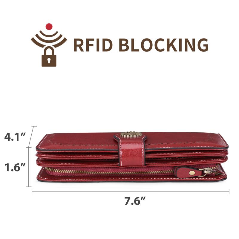 Moda Hollow oryginalne skórzane długie portfele damskie portfele blokowane RFID kobiece duże portmonetki gładki zamek błyskawiczny damskie kopertówka z paskiem na nadgarstek na prezenty na dzień matki