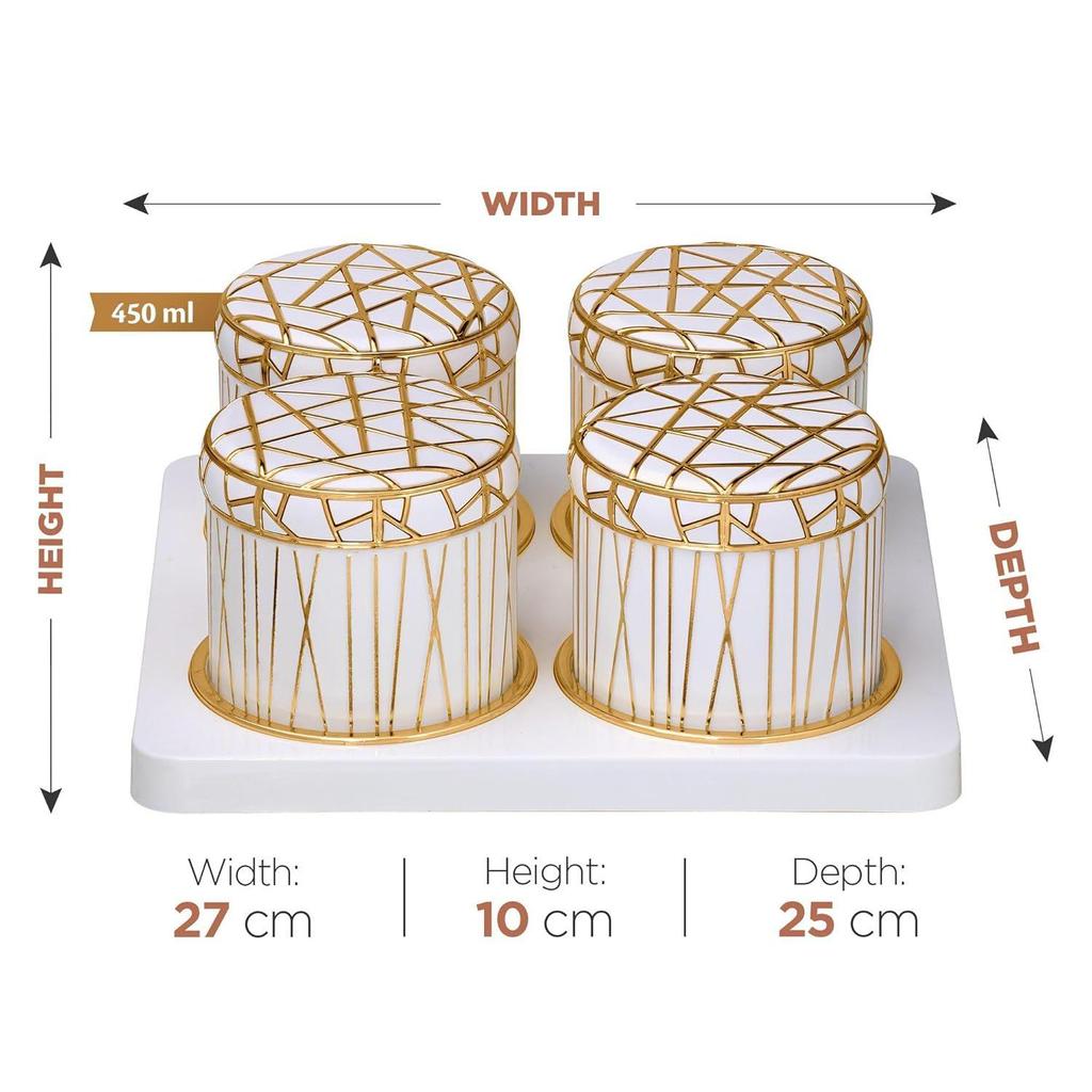 Airtight Dry Fruit Container Set- 4 Pieces (450mL each), Snacks Serving Bowls with Tray, Classic White, Serving Tray with Bowls for Snacks