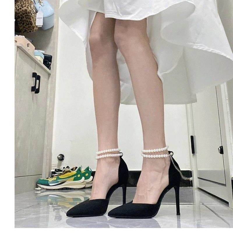 Fashion New Popular Women Thin Heels Hollow Sandals Woman Pearl Butterfly Pointed Toe High Heels Pumps Women's Drees Shoes Wedding Shoes