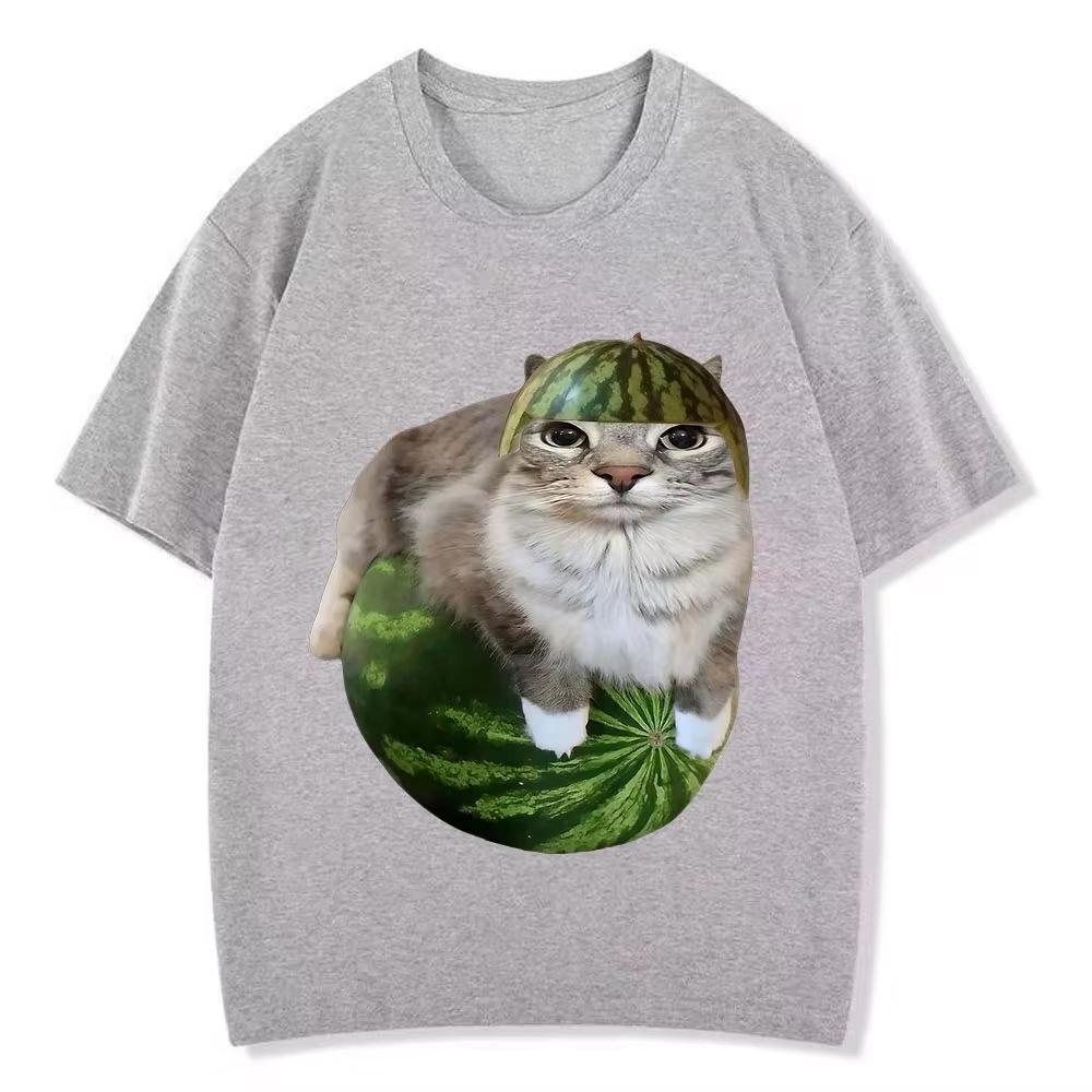2026 Watermelon Cat Silly Cat Funny Meme T Shirts Unisexs Unisex Clothing Casual Pure Cotton Tshirt Fashion
