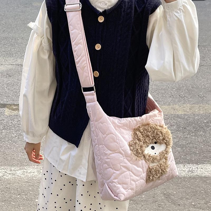 Cute Cartoon Embroidery Nylon Women's Shoulder Bags Large Capacity Ladies Crossbody Bag Fall Winter Macaron Female Tote Bag