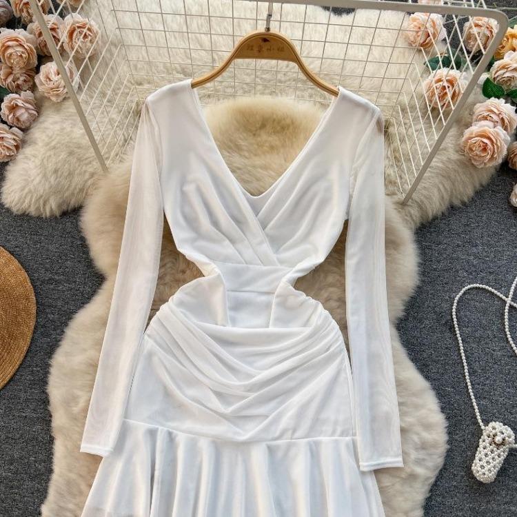Women Casual Sleeve Long Neck V Solid Color Dress Waist High A Line Sheath Spring Elastic Mini