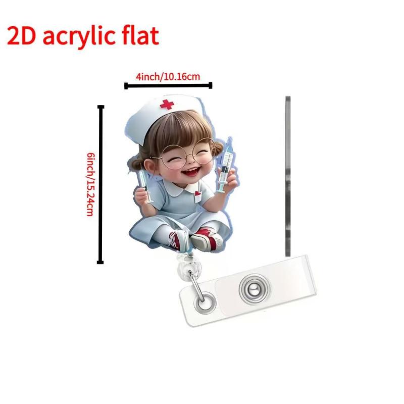 1 Pieza Cordón Retráctil Acrílico Plano 2D Clip para Identificación de Enfermera Insignia con Dibujo de Chica Enfermera Linda con Gafas Soporte para Insignias