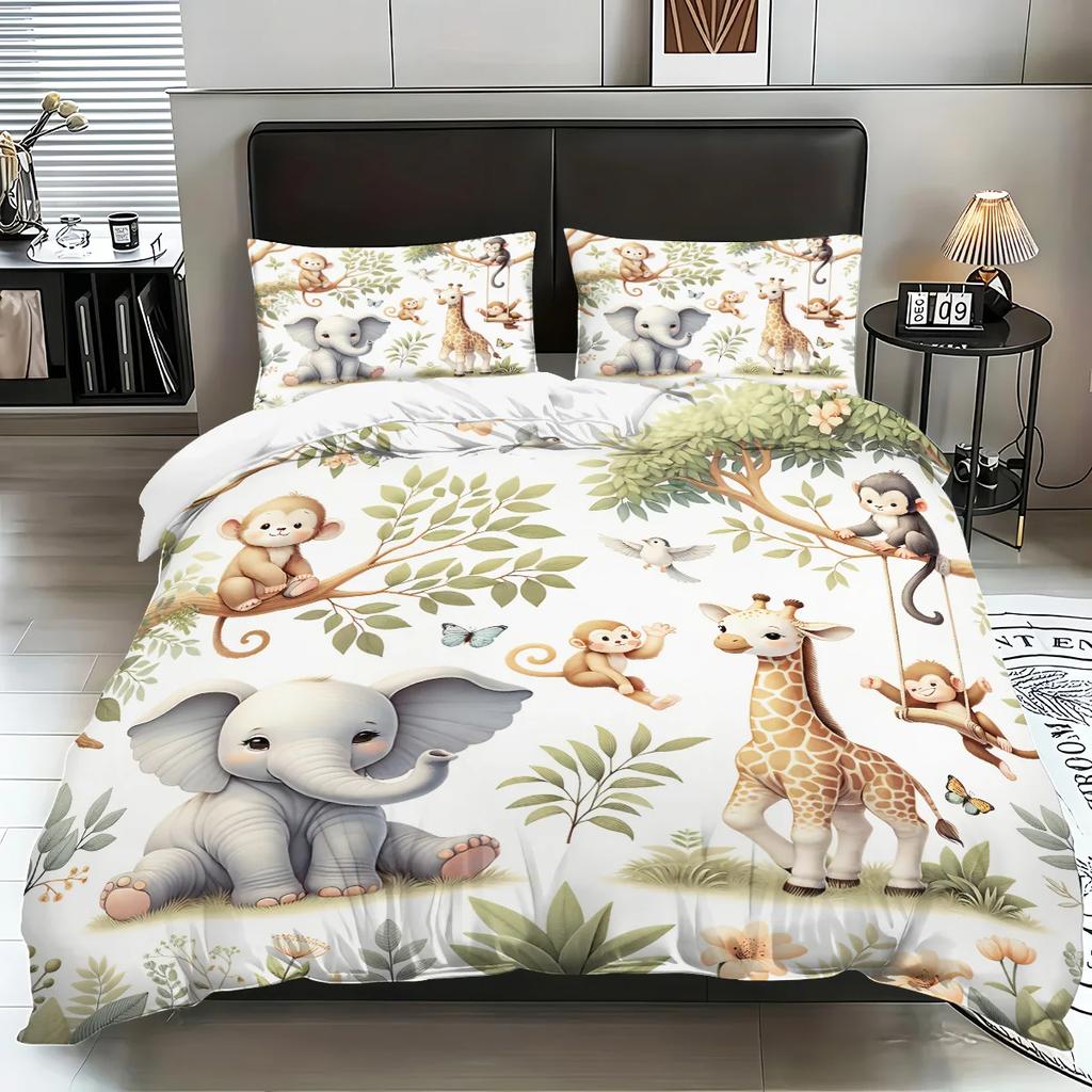 3pcs Duvet Cover Set King Size,Cartoon Zoo Pattern Print, 1 * Duvet Cover+2 pillowcases-Bedding Set for Bedroom,Hotel
