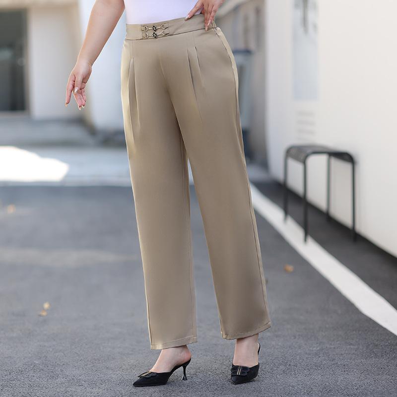 

Женские тонкие брюки прямого кроя большого размера на весну и лето, утягивающие повседневные брюки из шелка и драпировки с высокой талией 7XL шампанского