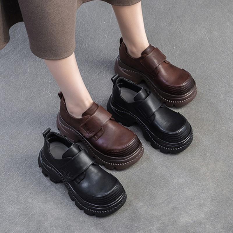 Johnature Chaussures Rétro à Bout Rond et Semelles Épaisses en Cuir Véritable Décontractées à Crochets et Boucles Chaussures à Plateforme pour Femmes