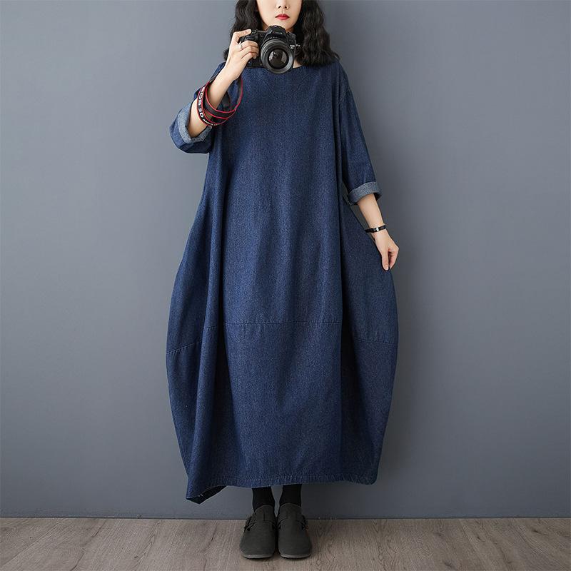 Vintage Long Sleeved Denim Dress 2025 New Plus-size Loose Blue Long Dresses for Women Autumn O Neck Casual Dress