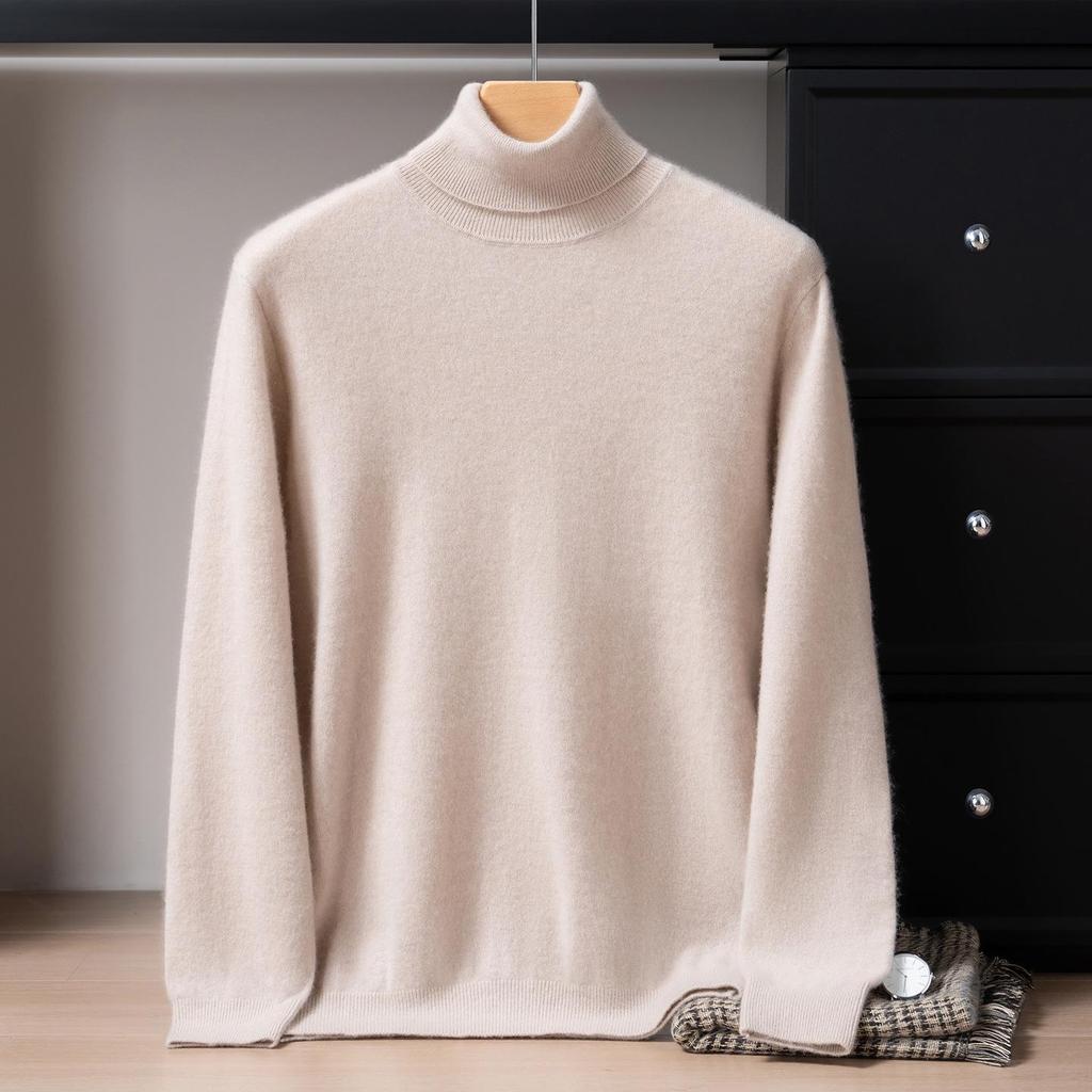 Men's 100% Cashmere High Neck Sweater - Solid Color, Loose, Warm, and Comfortable Knit Base Layer