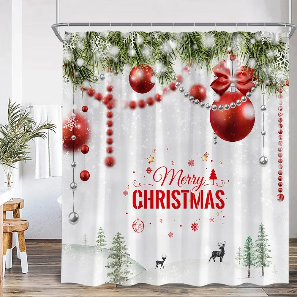 Chritsmas Shower Curtain Red Silvery Ball Xmas Balls Snowflake Pine Leaves Merry Christmas Winter Polyestert Bath Curtain Decor