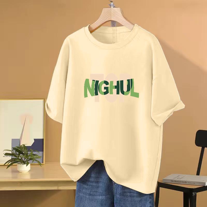 2025 Summer Women's Plus Size Slimming Cotton Round Neck Tee - European Style