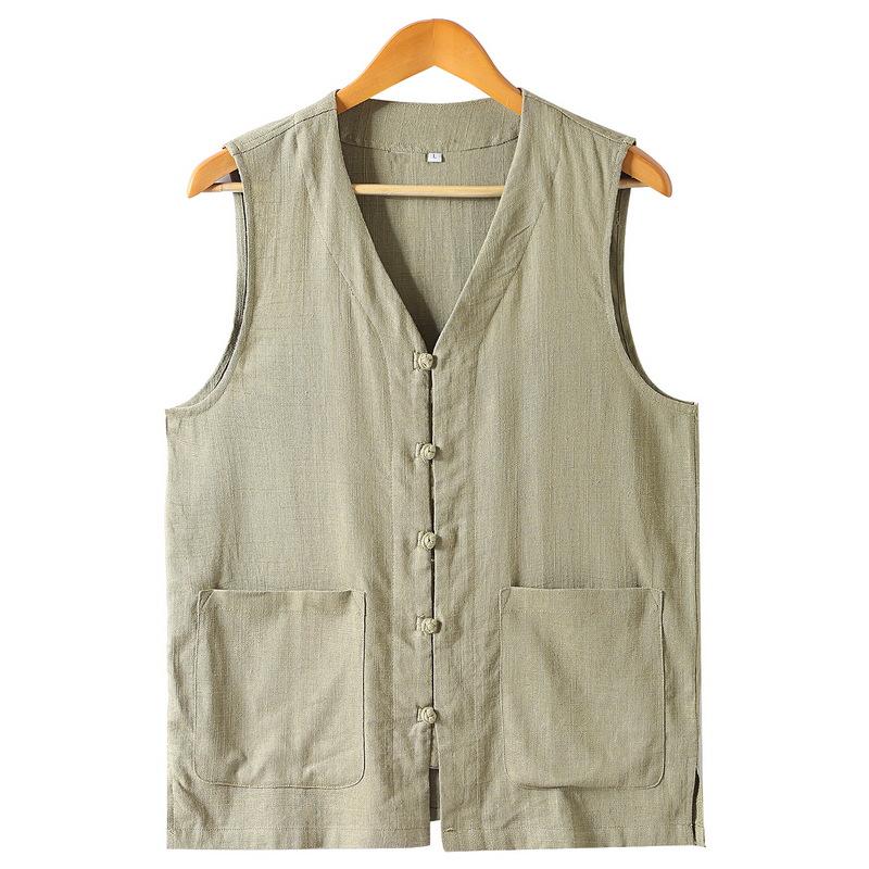Men's Summer Thin Section of Chinese Style Cotton and Linen Vest Middle-aged and Elderly Straight Hem Multi-pocket Comfortable Tops