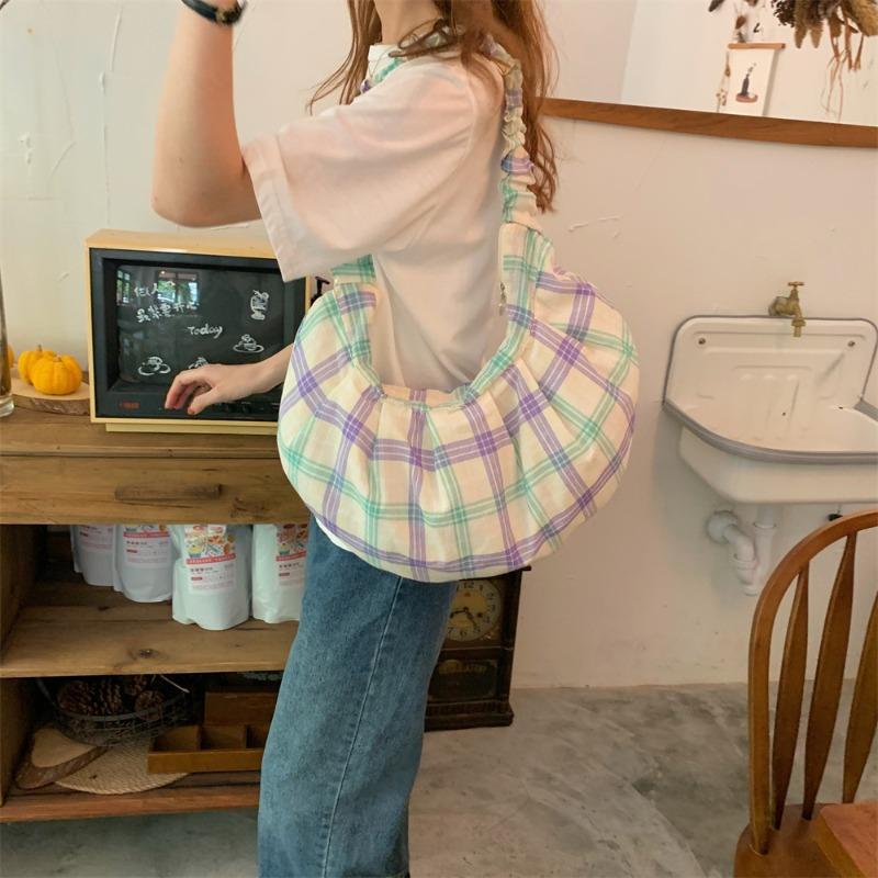 Neue gefaltete karierte Umhängetasche mit großem Fassungsvermögen für Damen, Canvas-Tasche, tragbare Messenger-Tasche, Damen-Pendler-Achseltasche