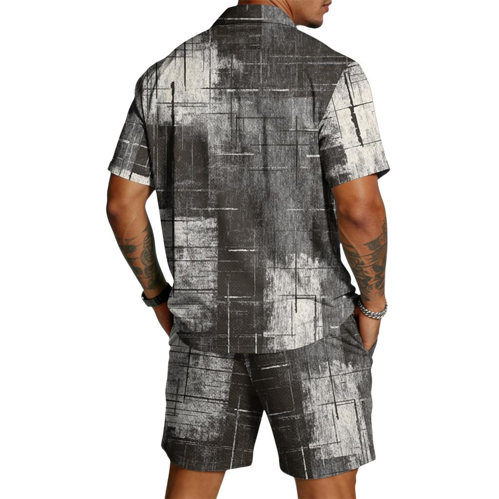 Casual Heren Korte Mouw Shirt met Kraag en Trekkoord Shorts Set Lichtgewicht Ademend Stof Textuur Print Zomer Outfit