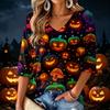 Women's V-Neck Halloween Print Lightweight Blouse for Spring and Summer