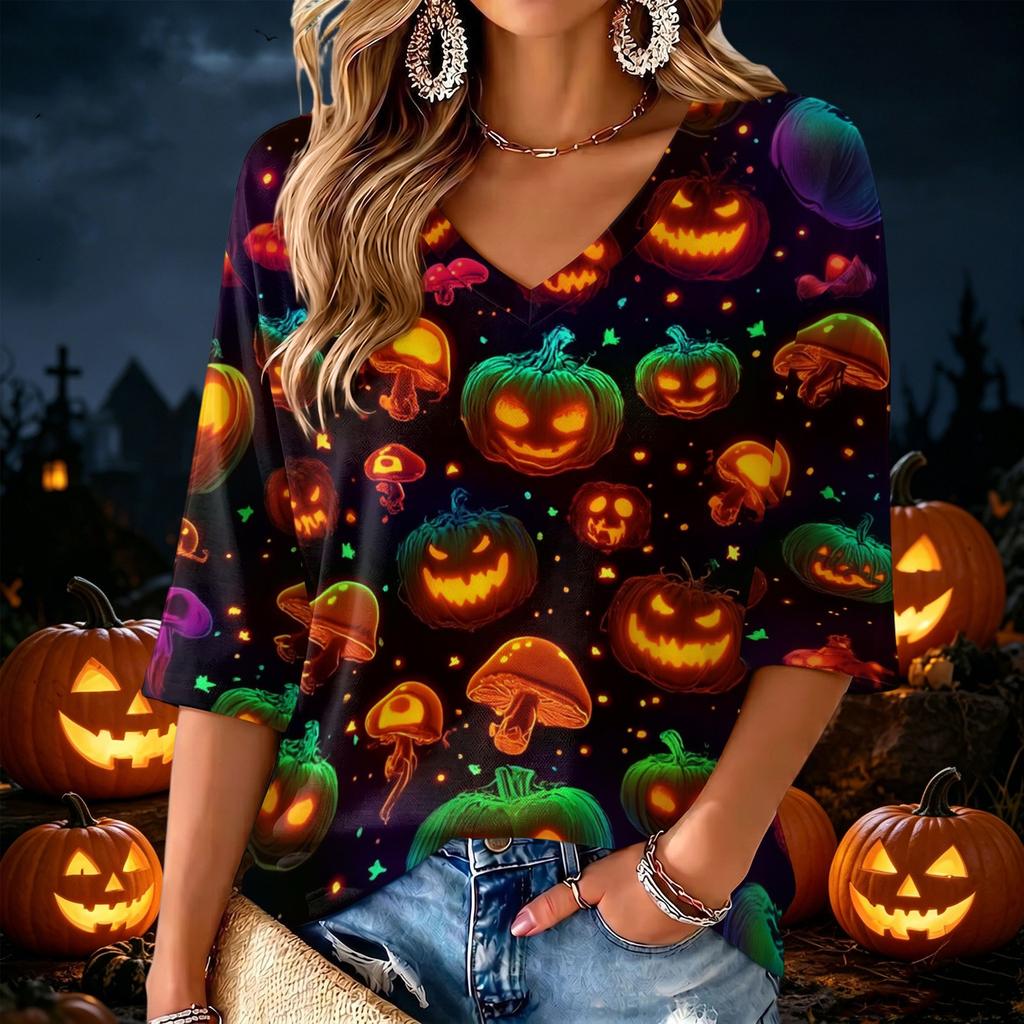 Women's V-Neck Halloween Print Lightweight Blouse for Spring and Summer