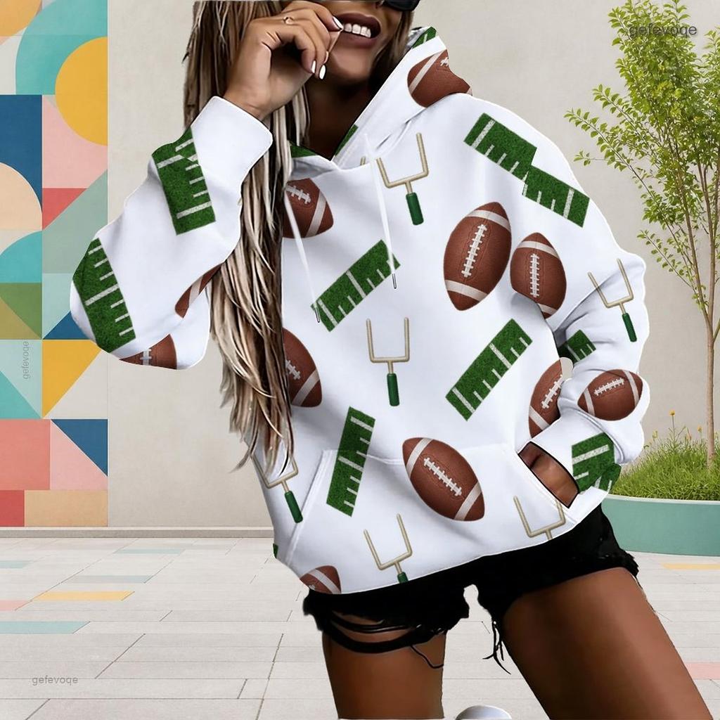 Women Plus Size White Football Star Print Long Sleeve Drawstring Hood Kangaroo Pocket Pullover Hoodie